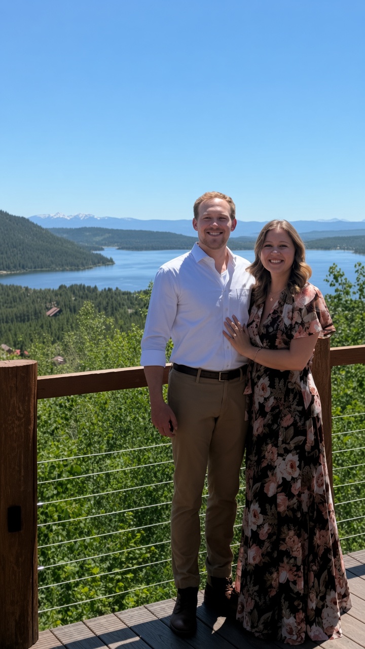 Matt Smith and his wife on a deck overlooking a mountain lake