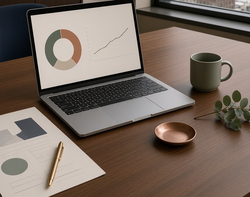 A wooden desk with a laptop showing a portfolio chart beside a printed financial plan and a pen