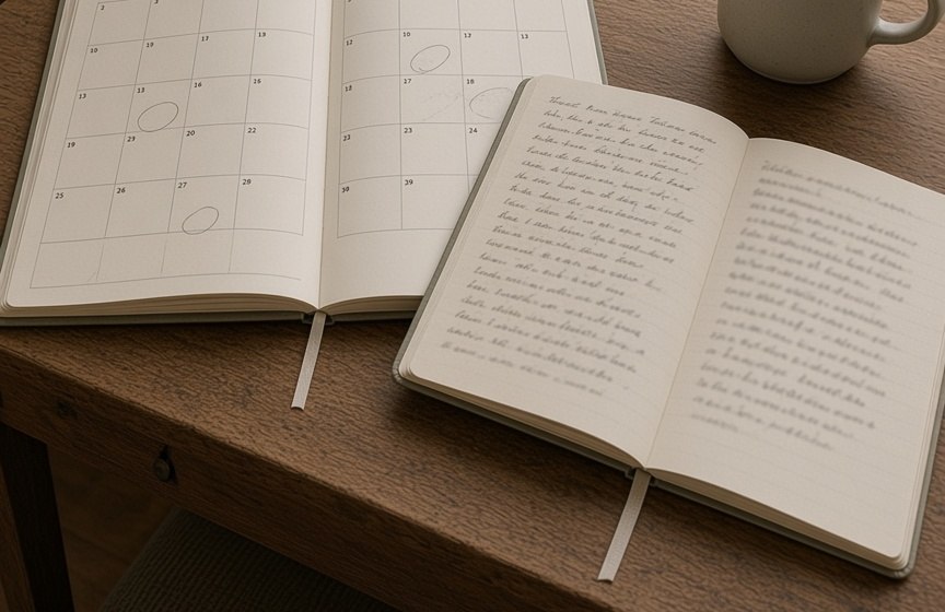 An open planner with meetings circled, a notebook of notes, and a coffee mug
