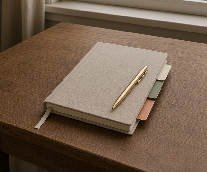 A linen-bound plan with tabbed sections and a pen resting on a wooden desk