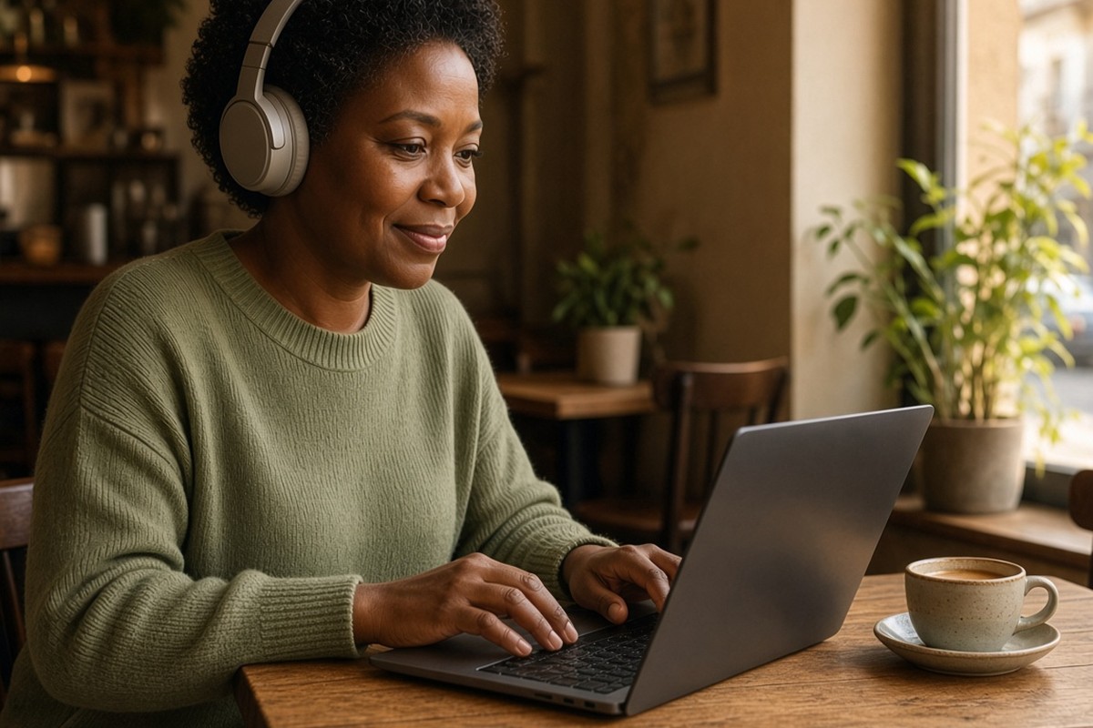 A woman in headphones works on a laptop at a cafe table, with a cup of coffee beside her.