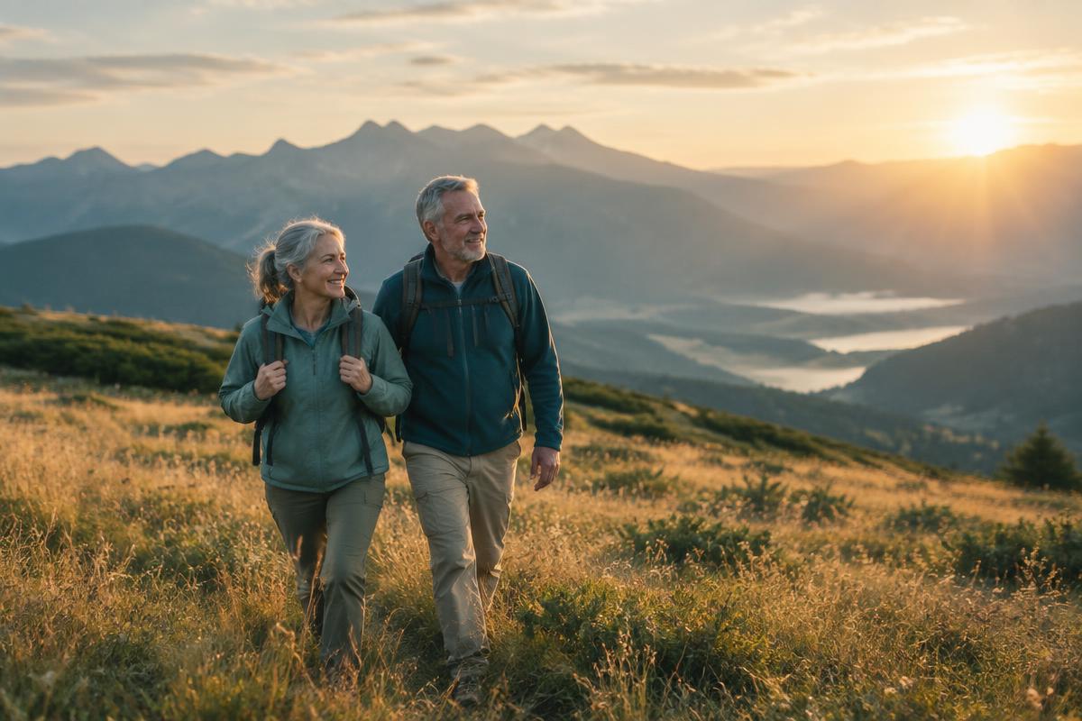 Retirees biking and walking the hills, playing with grandkids, and reading at the beach.