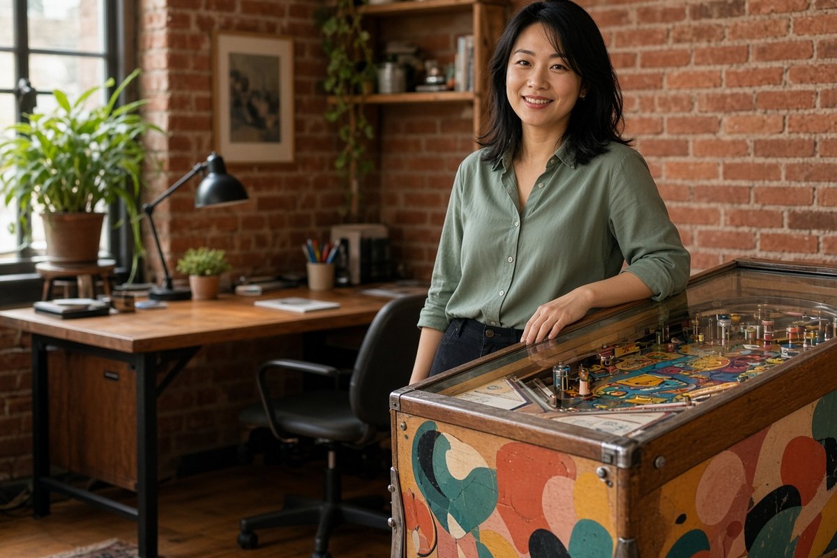 A woman stands beside a vintage pinball machine in a home office with a wooden desk and brick walls.