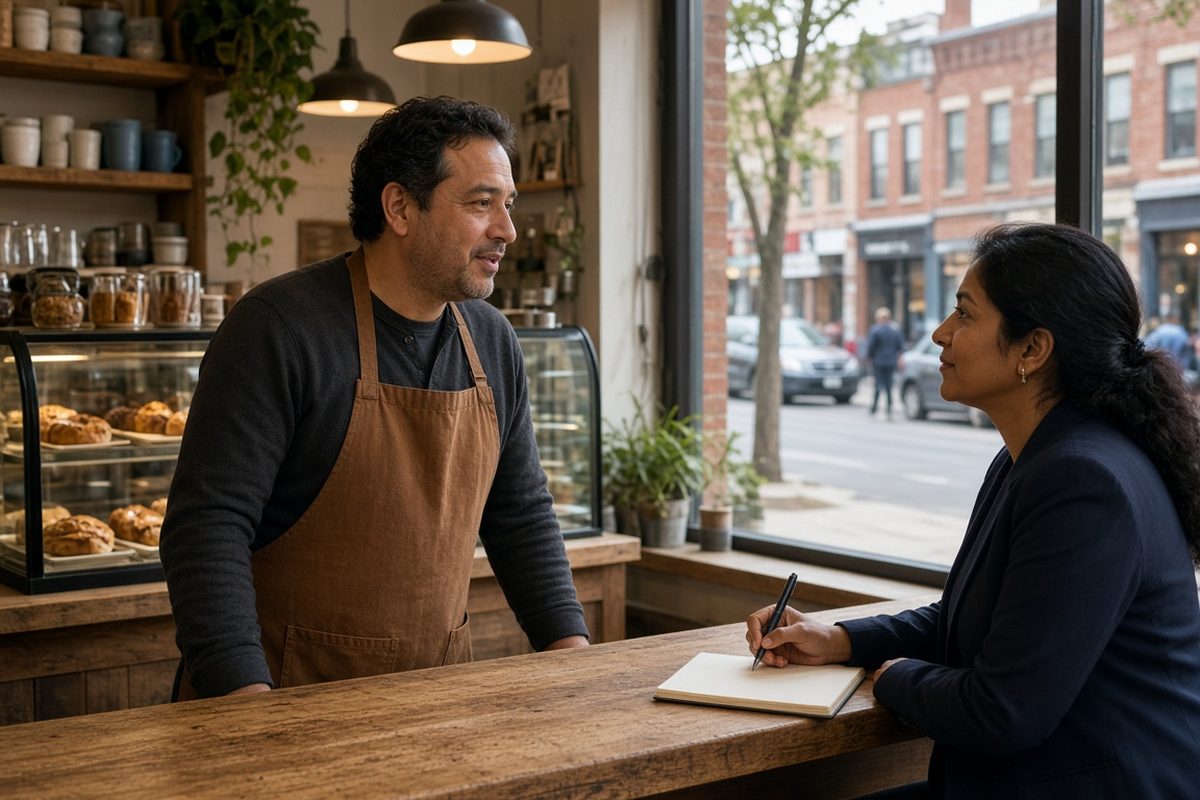 A cafe owner talking with an advisor at the counter