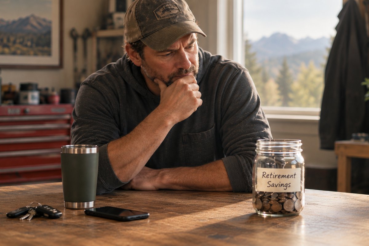 A man in a workshop thoughtfully considering a jar of retirement savings