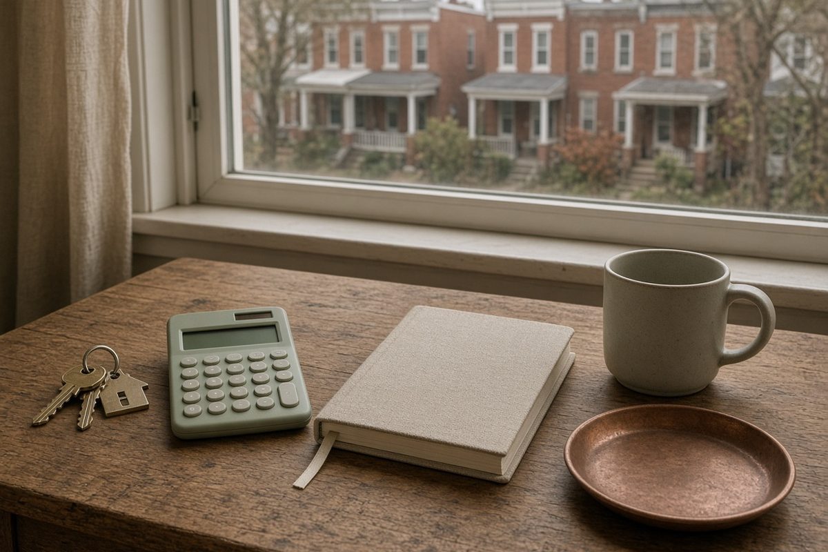 House keys and a notebook on a table facing a row of brick homes
