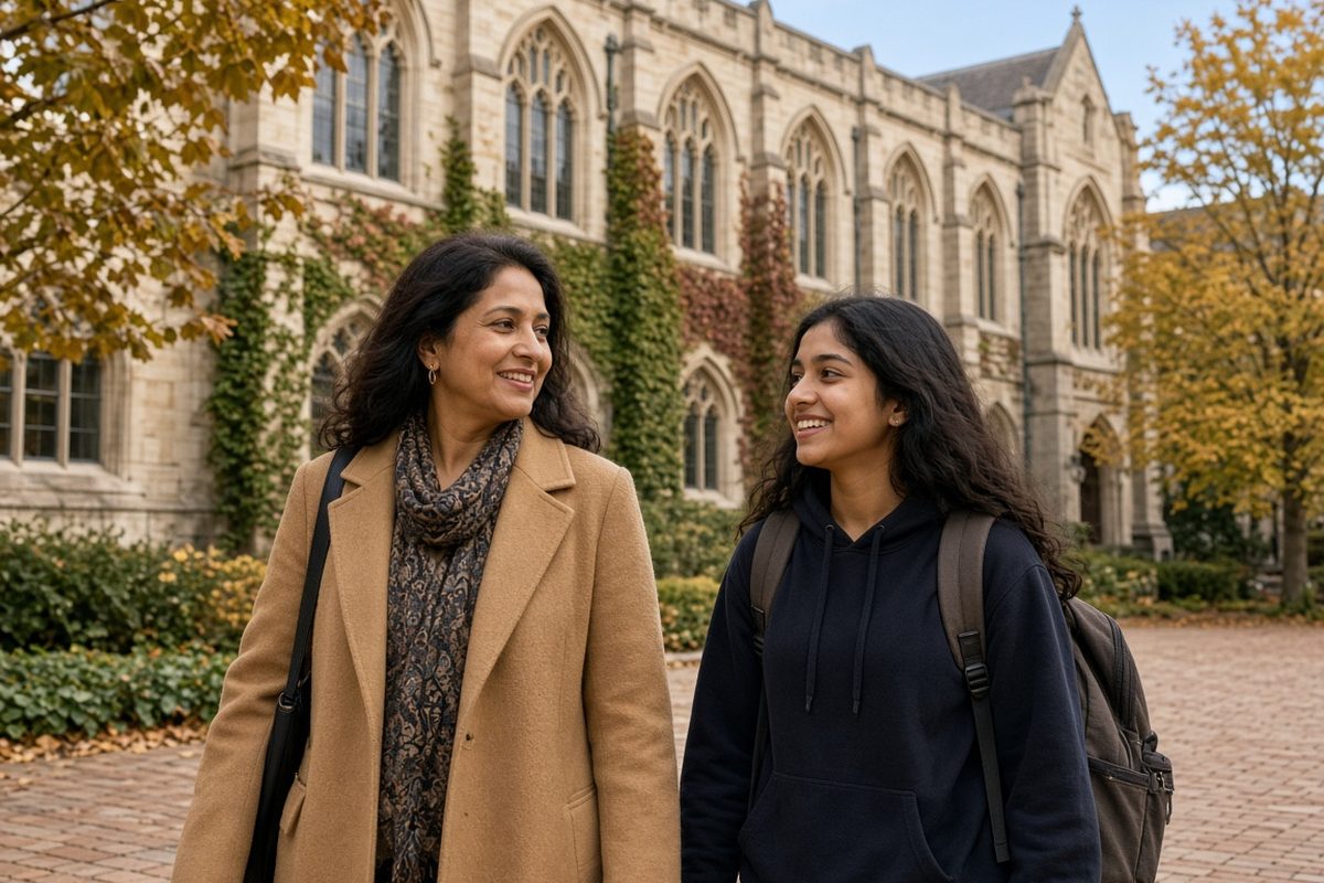 A parent and student walking a university campus