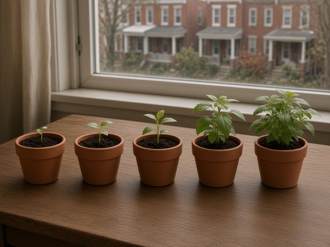 A row of seedlings, each at a different stage of growth
