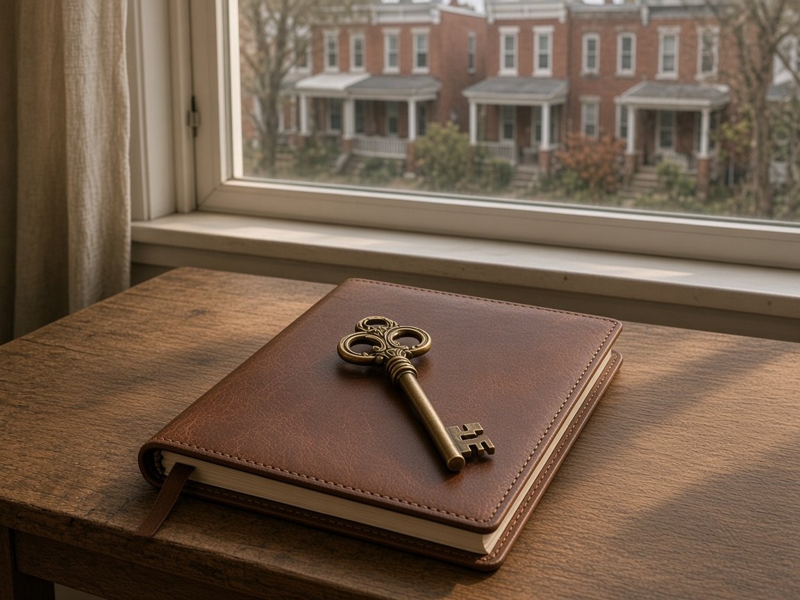 An old brass key resting on a leather folio