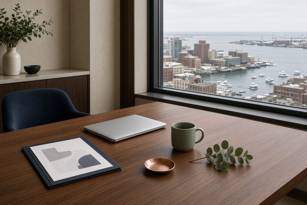 A quiet office desk overlooking a harbor city