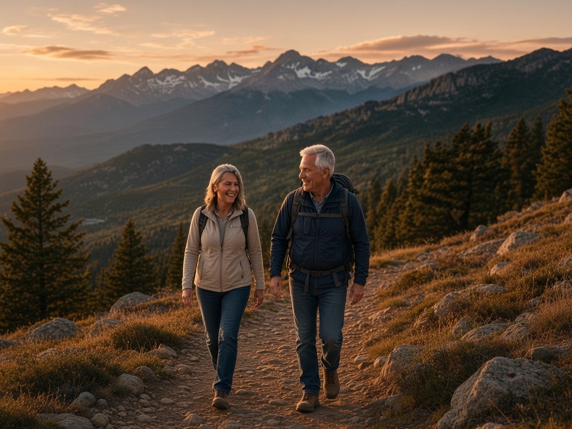 An older couple walking a mountain trail at sunset