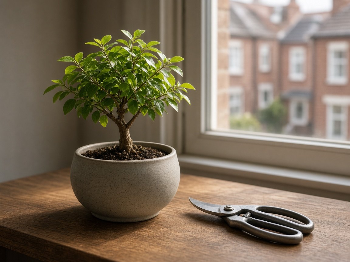 Pruning shears beside a carefully trimmed bonsai