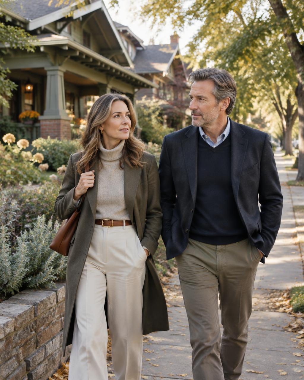A couple walking together in their Denver neighborhood