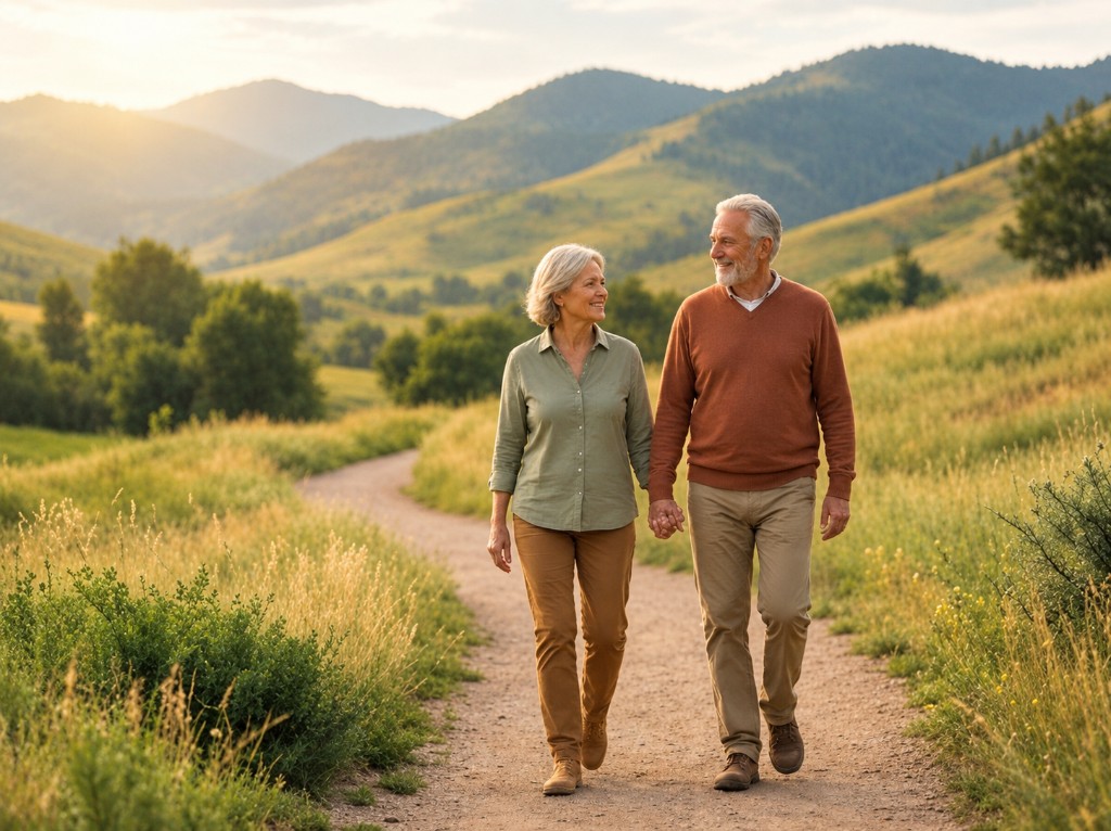 An older couple walking a trail through the hills
